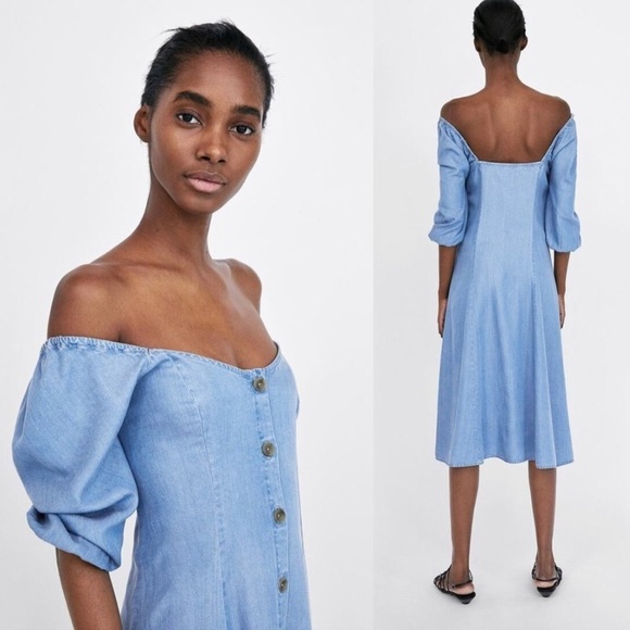 Zara off the shoulder chambray Lyocell dress - Picture 3 of 10